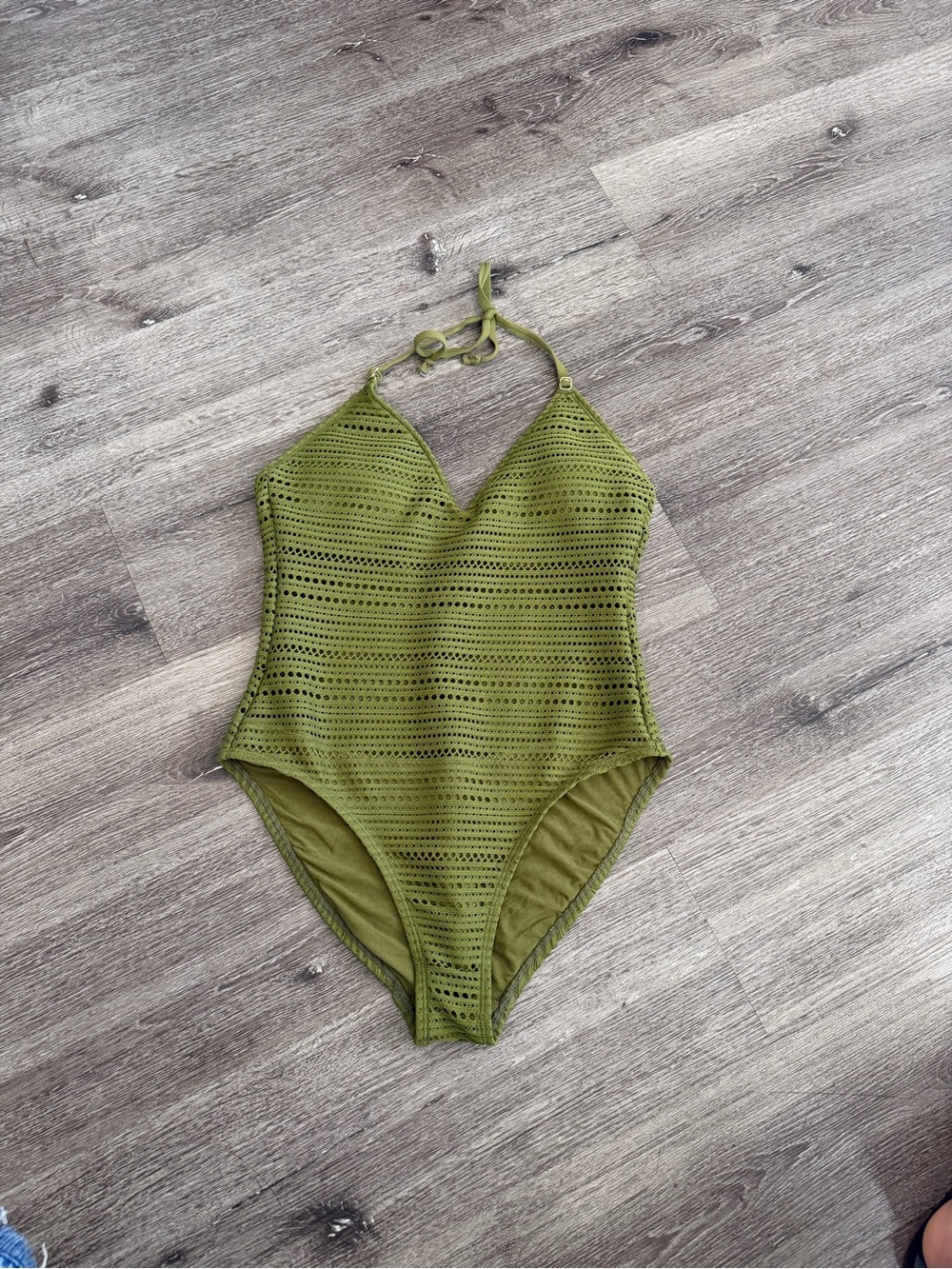 Robin Piccone Olive Green Crochet One-Piece Halter Swimsuit